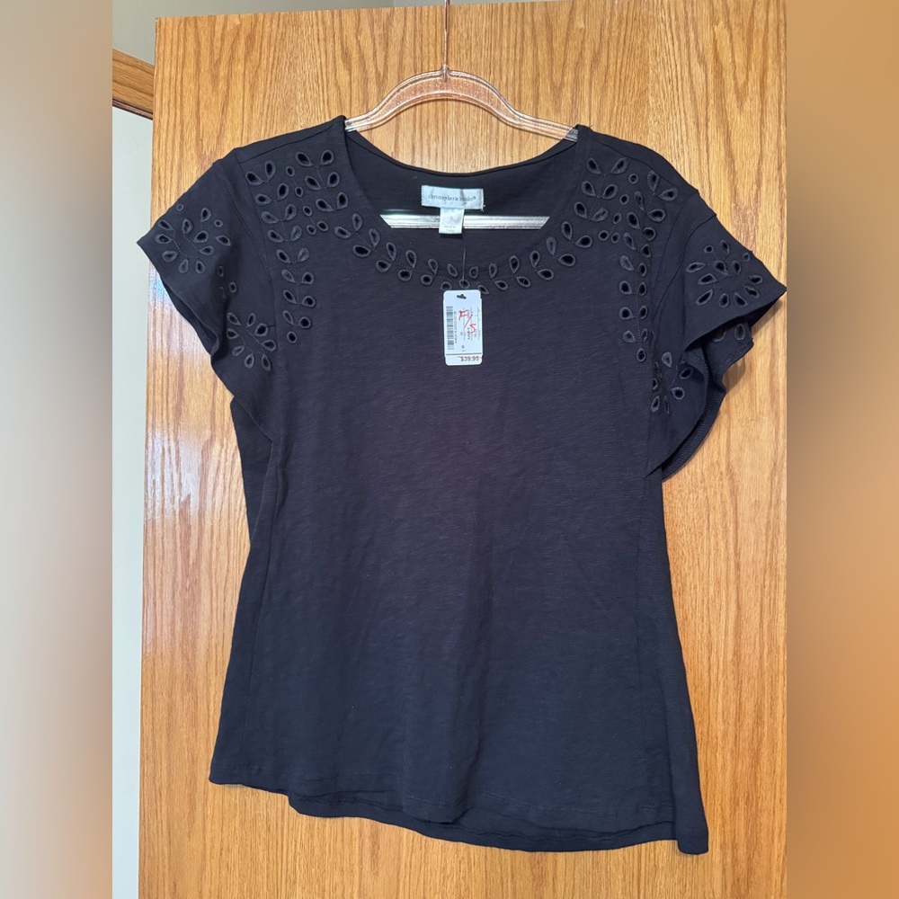 NWT Black Eyelet Detail Cotton Top
